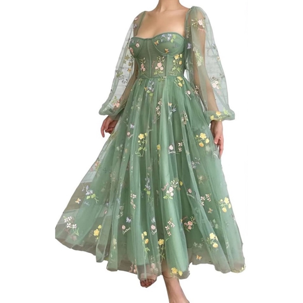Women's Puffy Sleeve Prom Dresses Flower Embroidery Tulle - Picture 2 of 6
